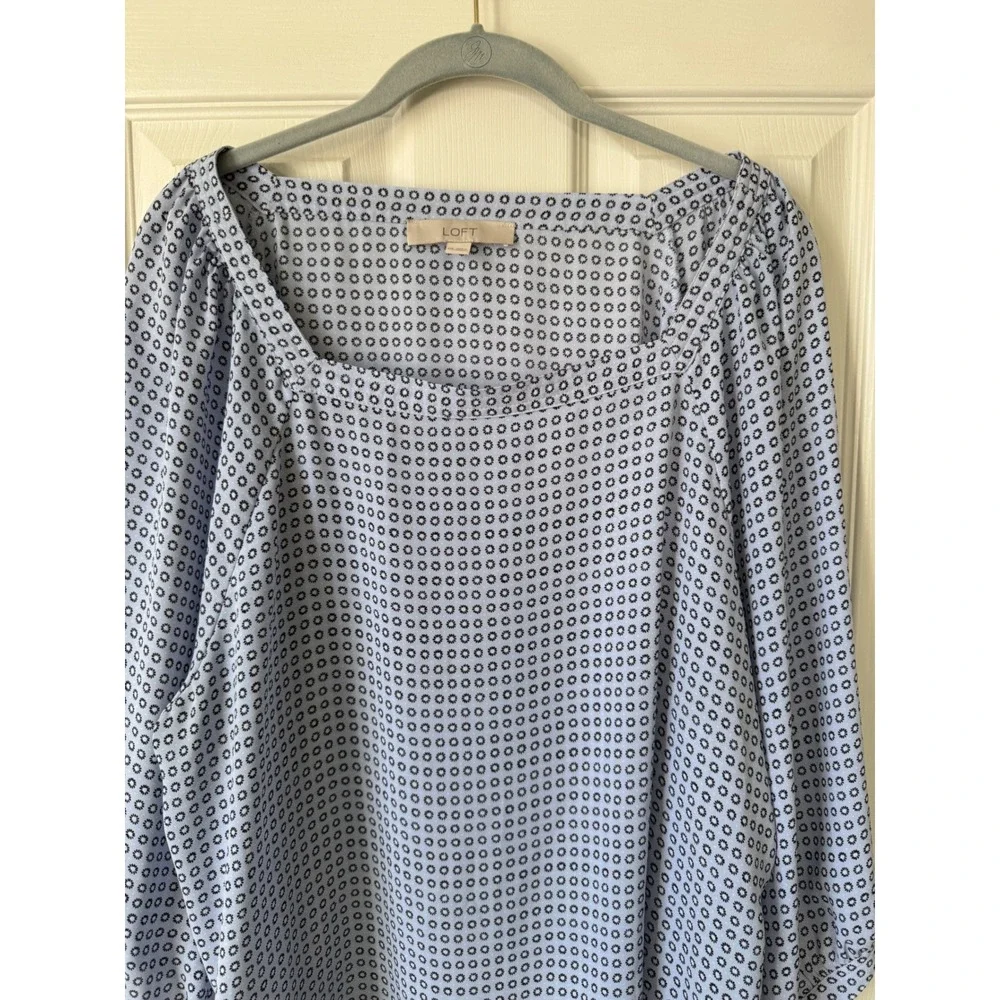 LOFT Blue Geometric‎ Medallion Square Neck Puff Sleeve Blouse Womens XXL